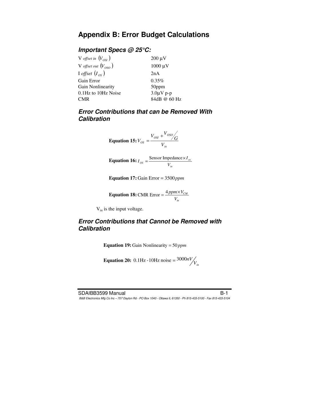 B&B Electronics SDAIBB manual Appendix B Error Budget Calculations, Important Specs @ 25C 