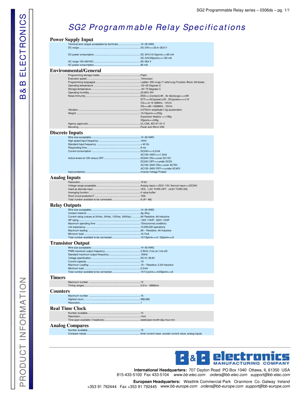 B&B Electronics specifications SG2 Programmable Relay Specifications 