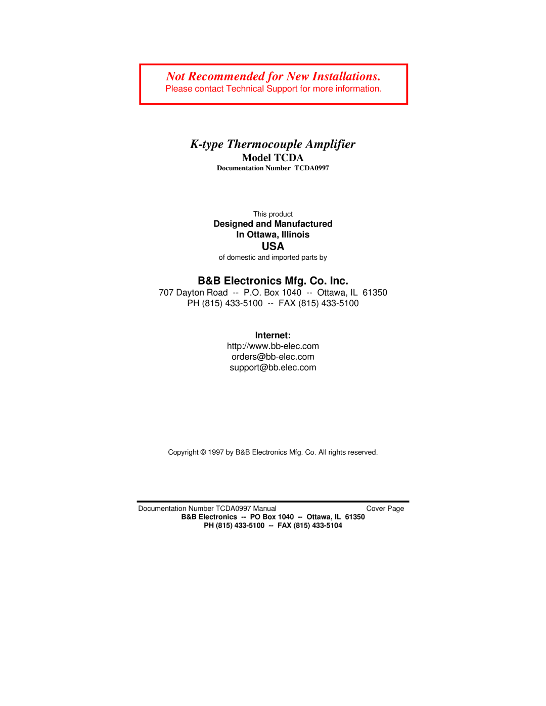 B&B Electronics TCDA manual Not Recommended for New Installations, Electronics Mfg. Co. Inc 