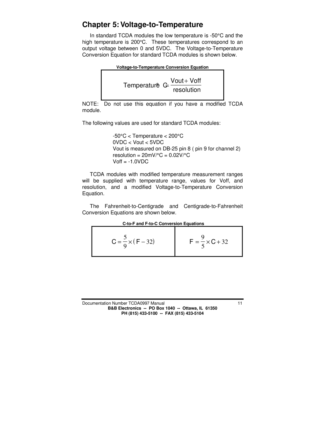 B&B Electronics TCDA manual Voltage-to-Temperature, Temperature C = Vout + Voff Resolution 