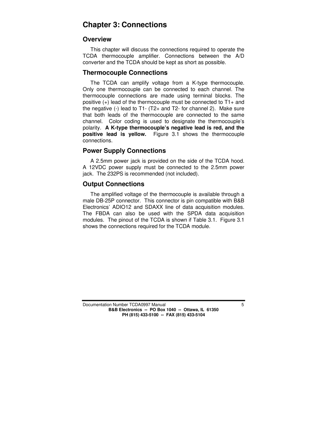 B&B Electronics TCDA manual Overview, Thermocouple Connections, Power Supply Connections, Output Connections 