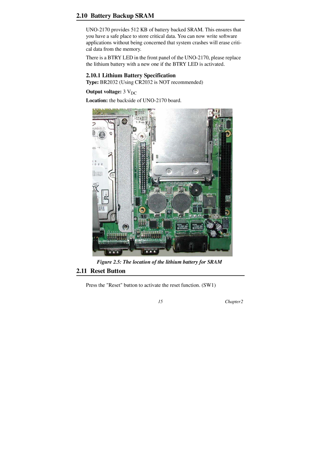 B&B Electronics UNO-2170 user manual Battery Backup Sram, Reset Button, Lithium Battery Specification 