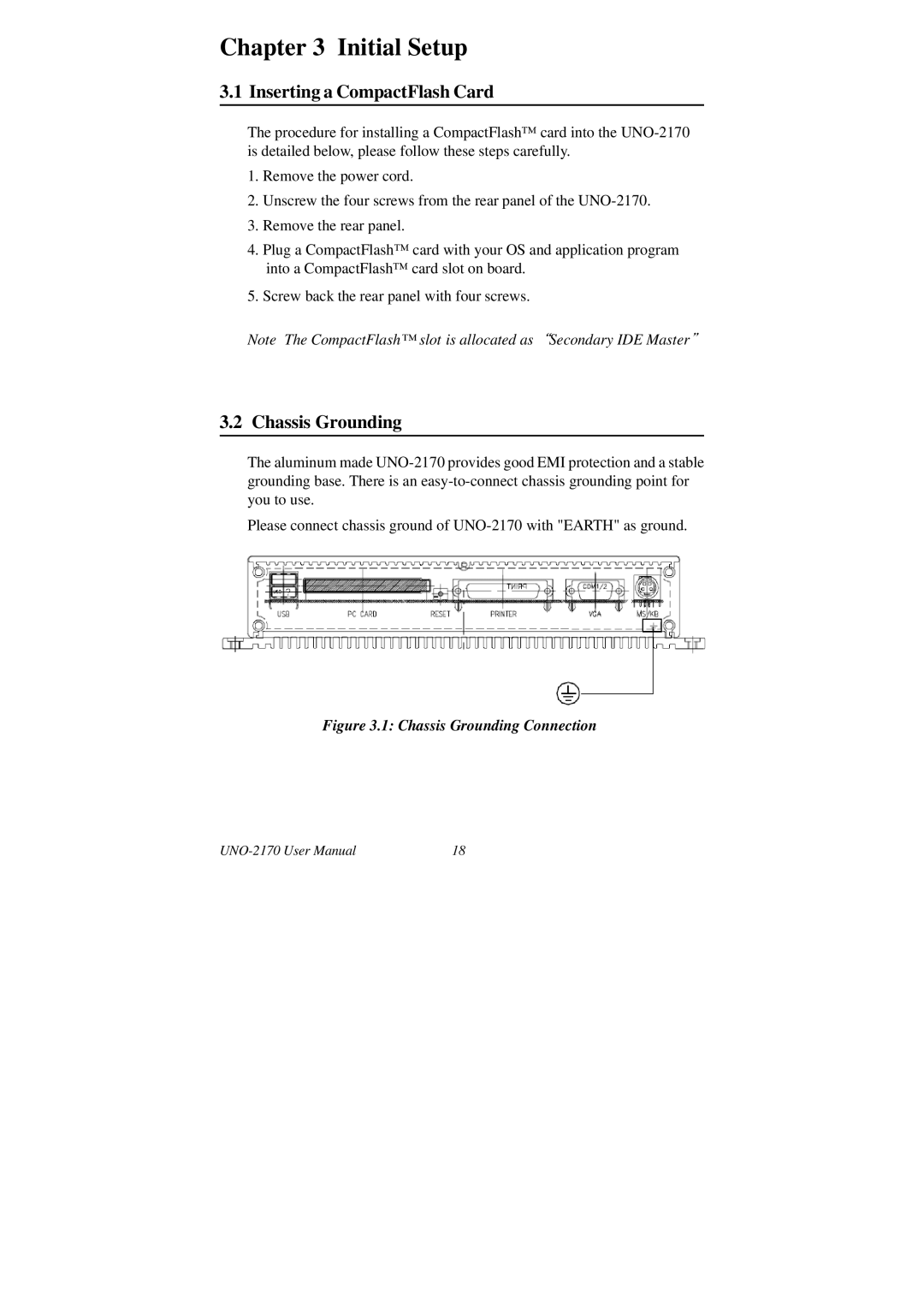 B&B Electronics UNO-2170 user manual Inserting a CompactFlash Card, Chassis Grounding 