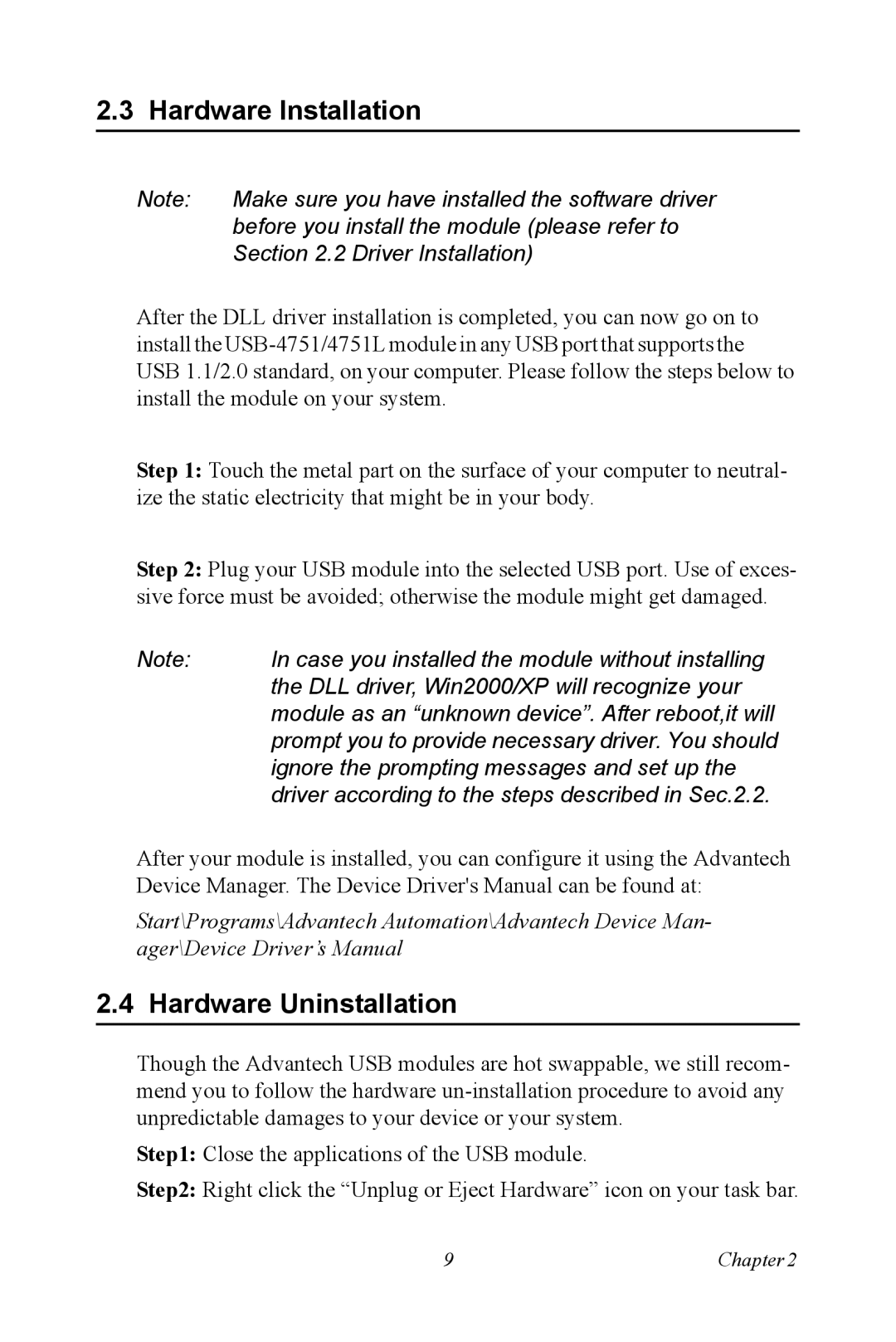 B&B Electronics USB-4751/4751L user manual Hardware Installation, Hardware Uninstallation 