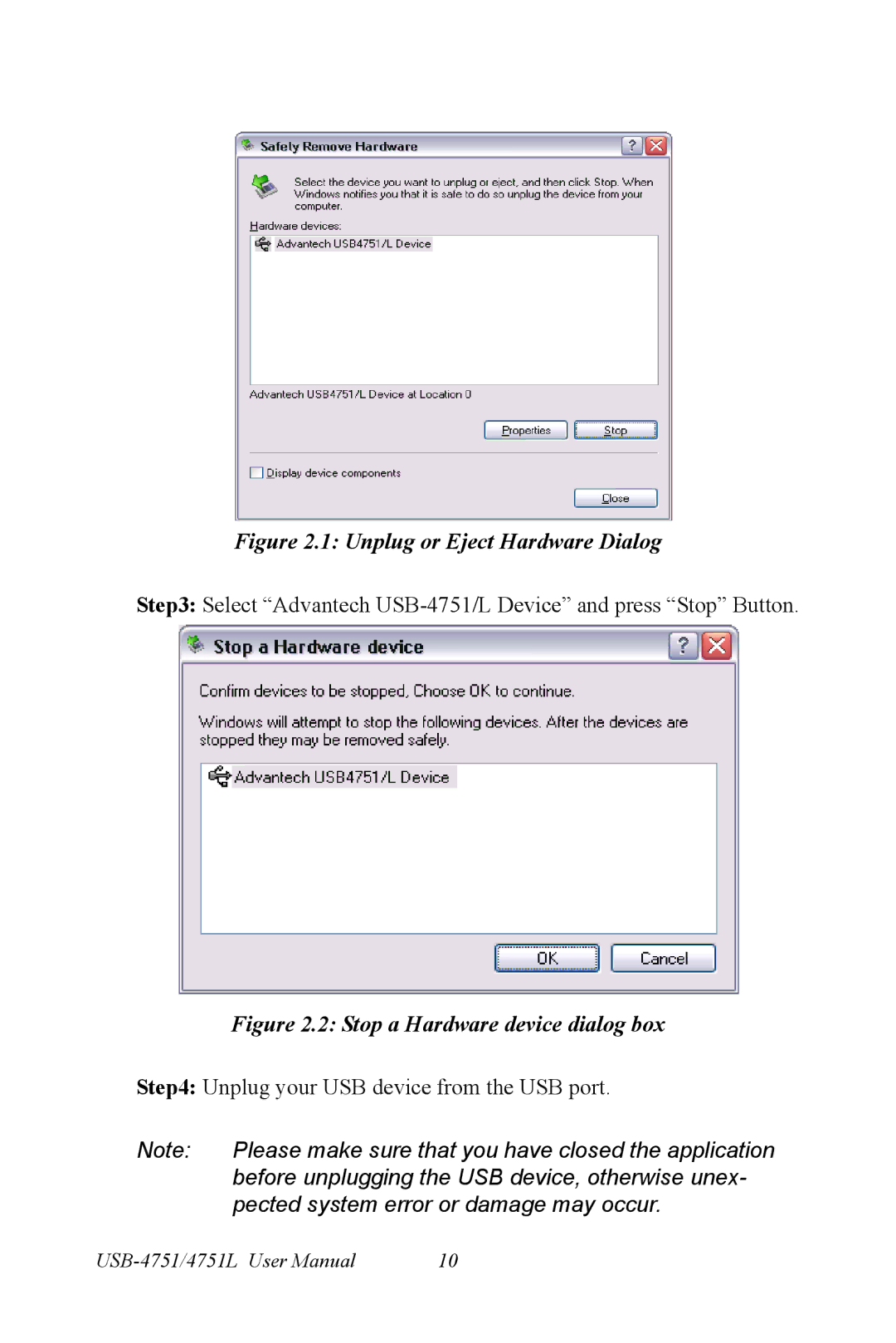 B&B Electronics USB-4751/4751L user manual Unplug or Eject Hardware Dialog 