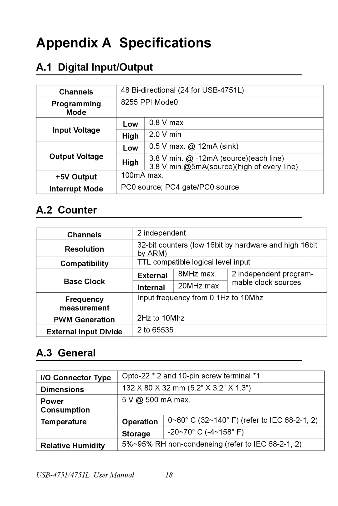 B&B Electronics USB-4751/4751L user manual Digital Input/Output, Counter, General 