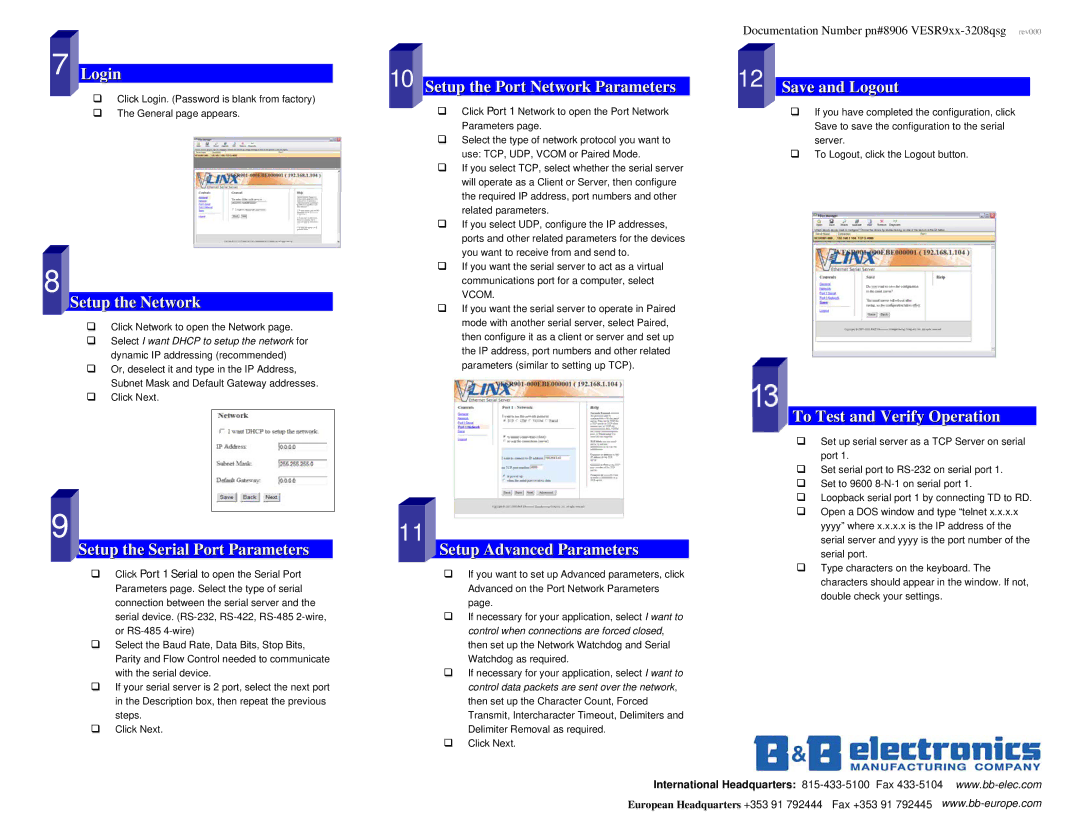 B&B Electronics Vlinx VESR9xx Login, Setup the Network, Setup the Serial Port Parameters, Setup Advanced Parameters 