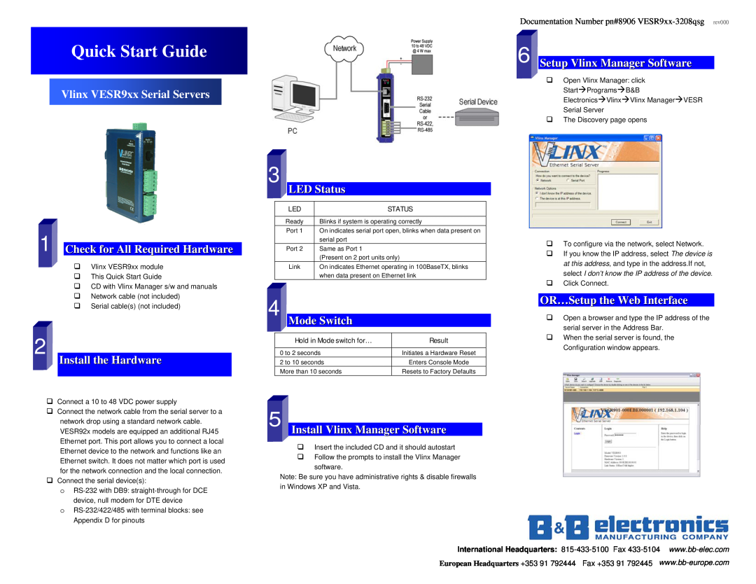 B&B Electronics quick start Vlinx VESR9xx Serial Servers, Check for All Required Hardware, Install the Hardware 