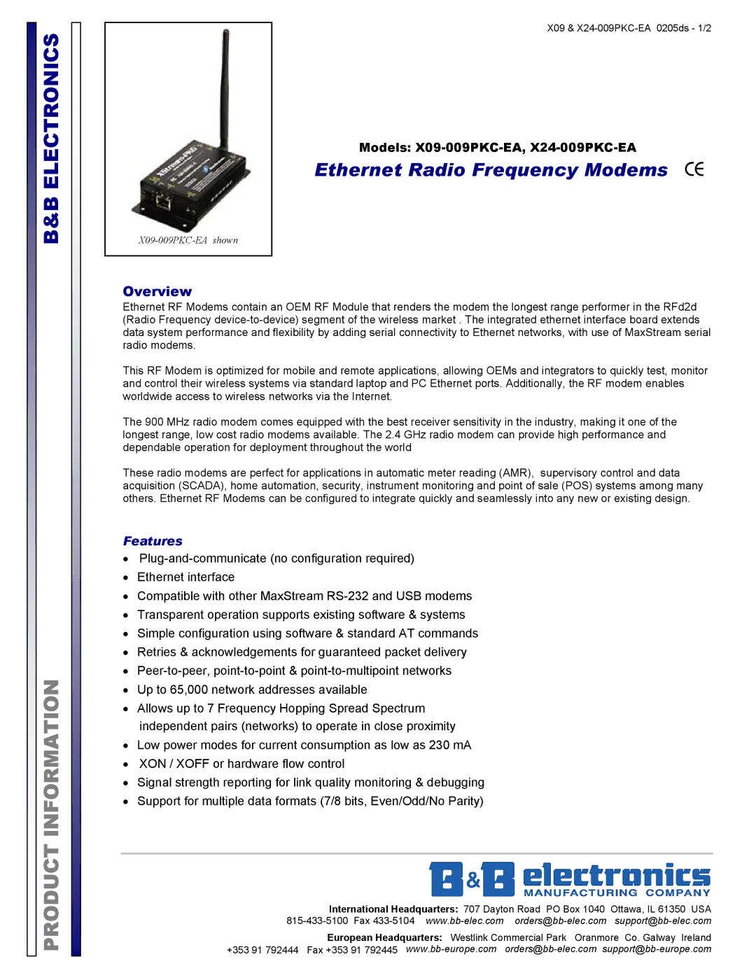 B&B Electronics manual Models X09-009PKC-EA, X24-009PKC-EA, Features 