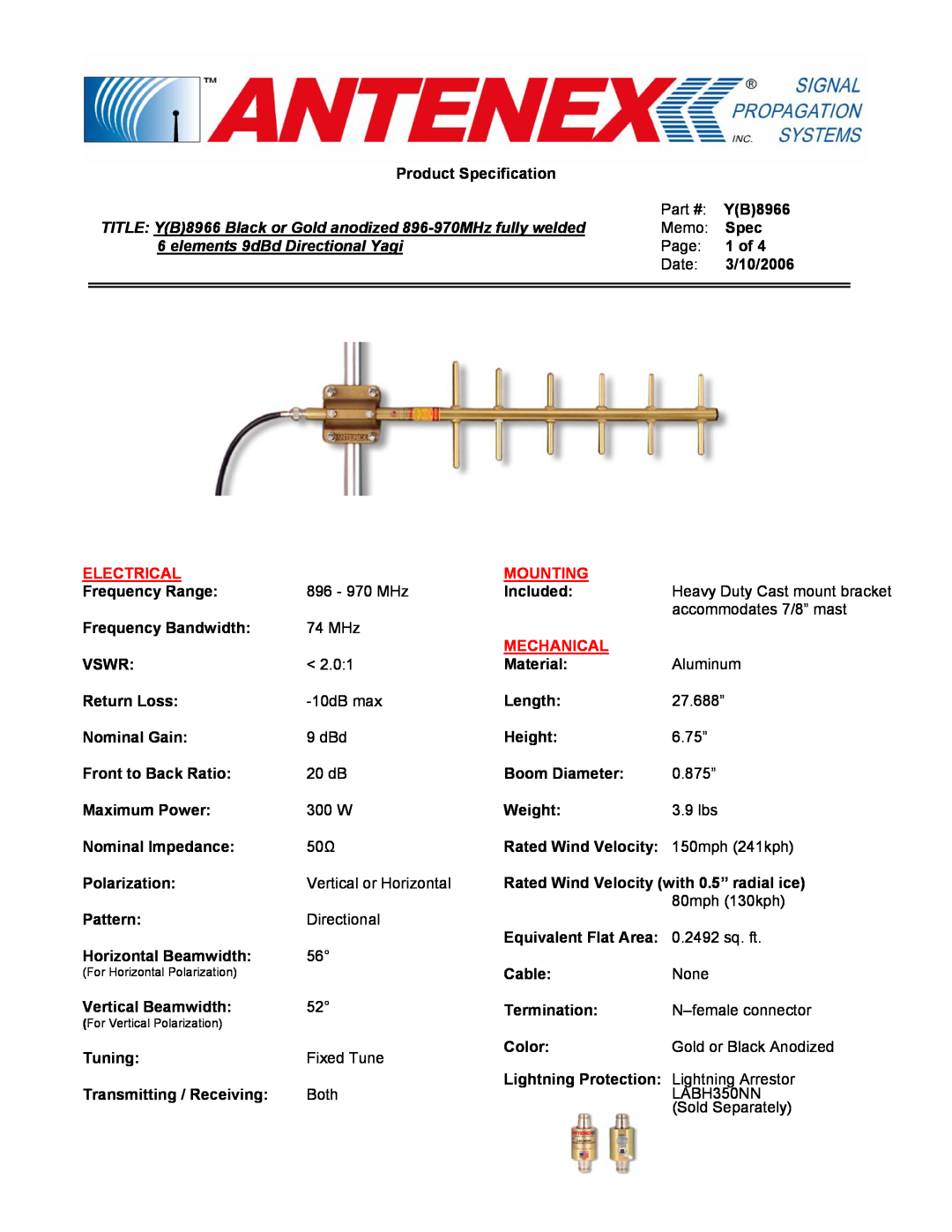 B&B Electronics Y(B)8966 manual elements 9dBd Directional Yagi, Product Specification, Electrical, Mounting, Mechanical 