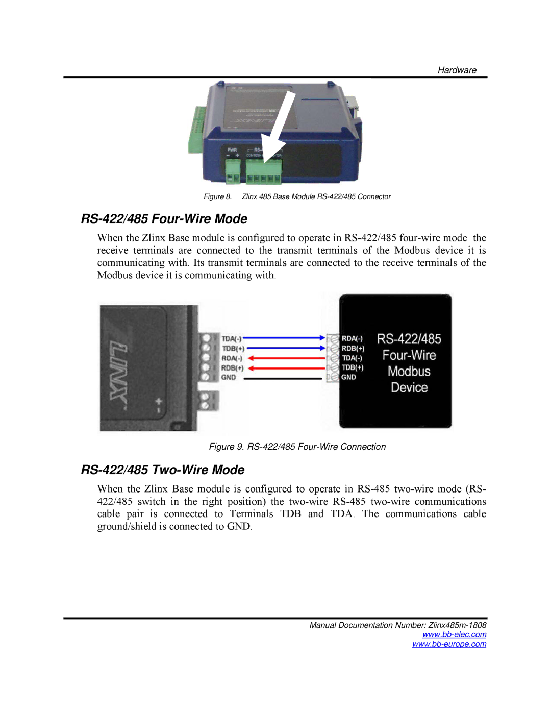 B&B Electronics Zlinx 485 manual RS-422/485 Four-Wire Mode, RS-422/485 Two-Wire Mode 