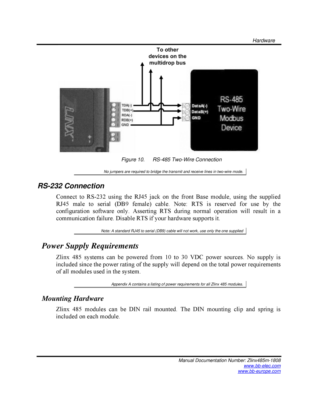 B&B Electronics Zlinx 485 manual Power Supply Requirements, RS-232 Connection 