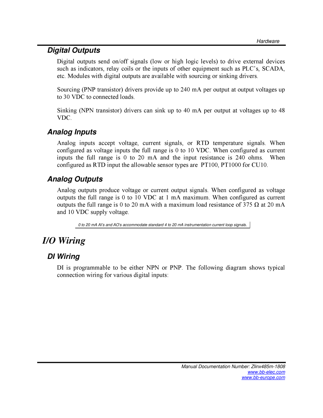 B&B Electronics Zlinx 485 manual Digital Outputs, Analog Inputs, Analog Outputs, DI Wiring 
