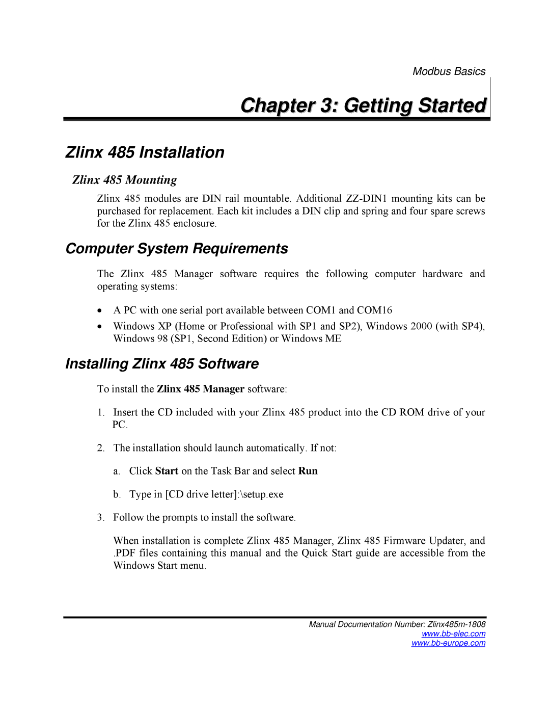 B&B Electronics manual Getting Started, Zlinx 485 Installation 