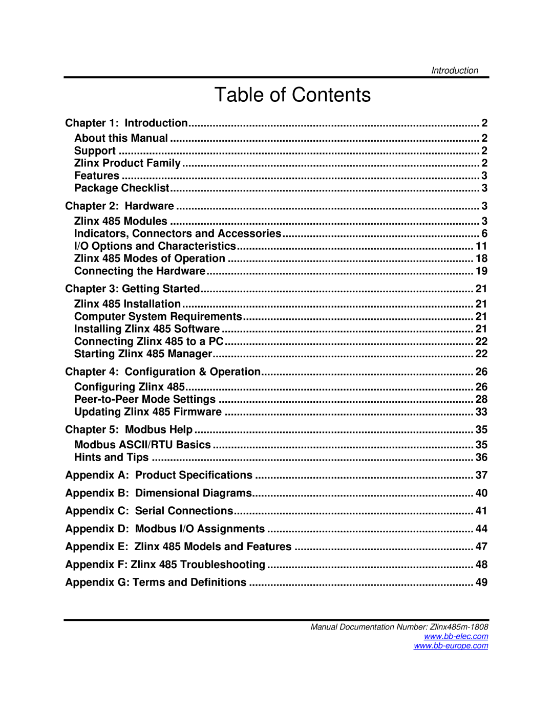 B&B Electronics Zlinx 485 manual Table of Contents 