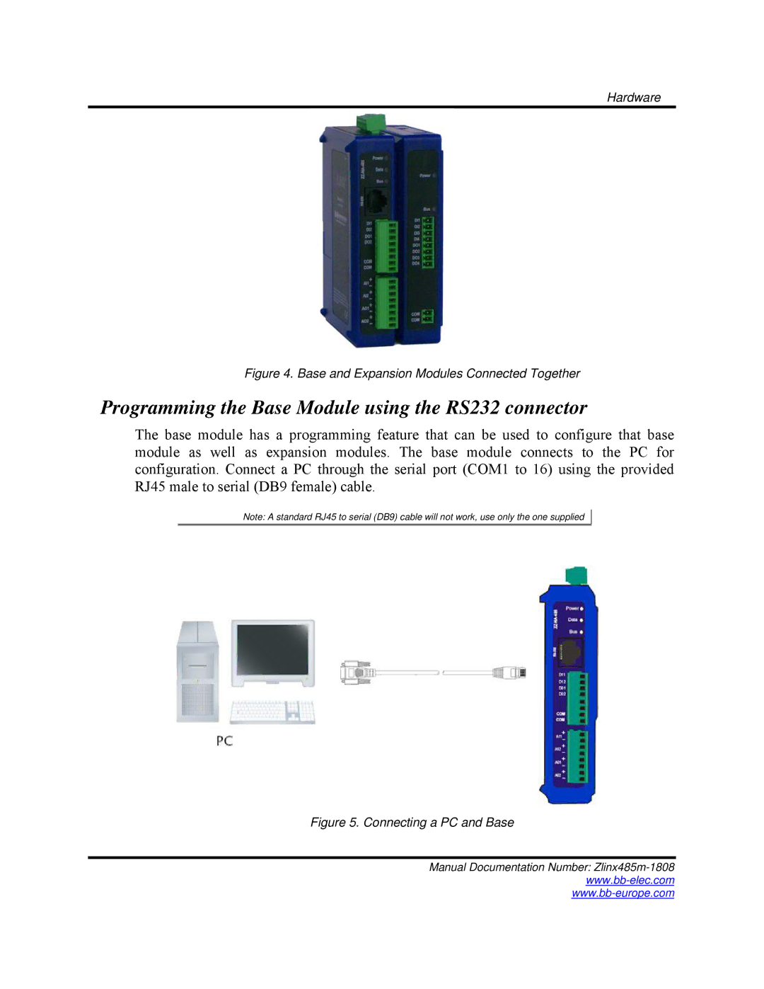 B&B Electronics Zlinx 485 manual Programming the Base Module using the RS232 connector 