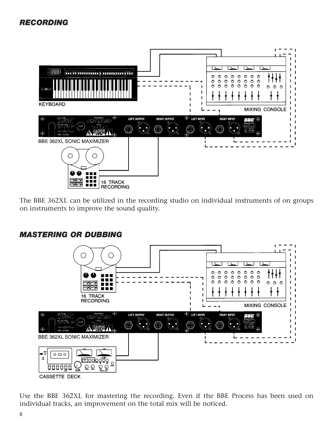 BBE 362XL manual Recording, Mastering or Dubbing 