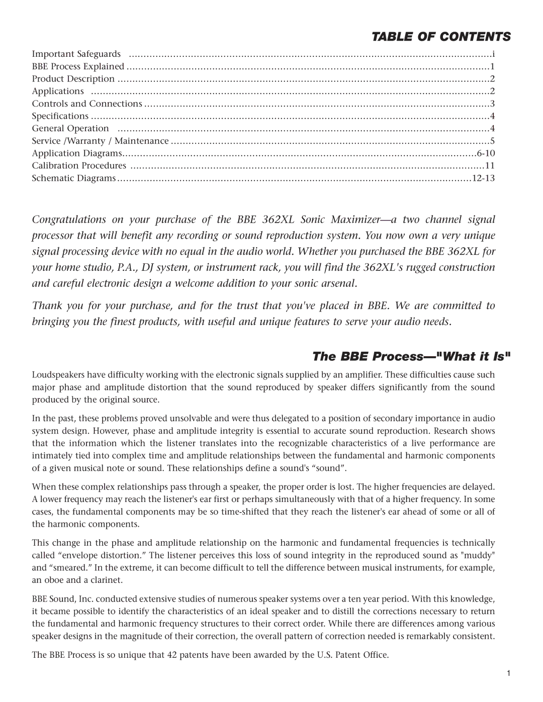 BBE 362XL manual Table of Contents 