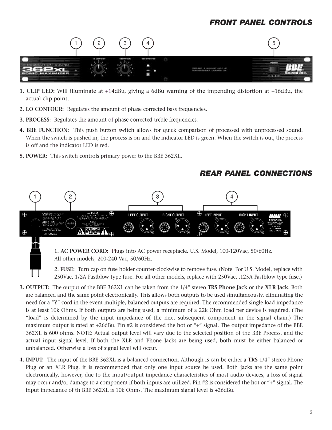 BBE 362XL manual Front Panel Controls, Rear Panel Connections 