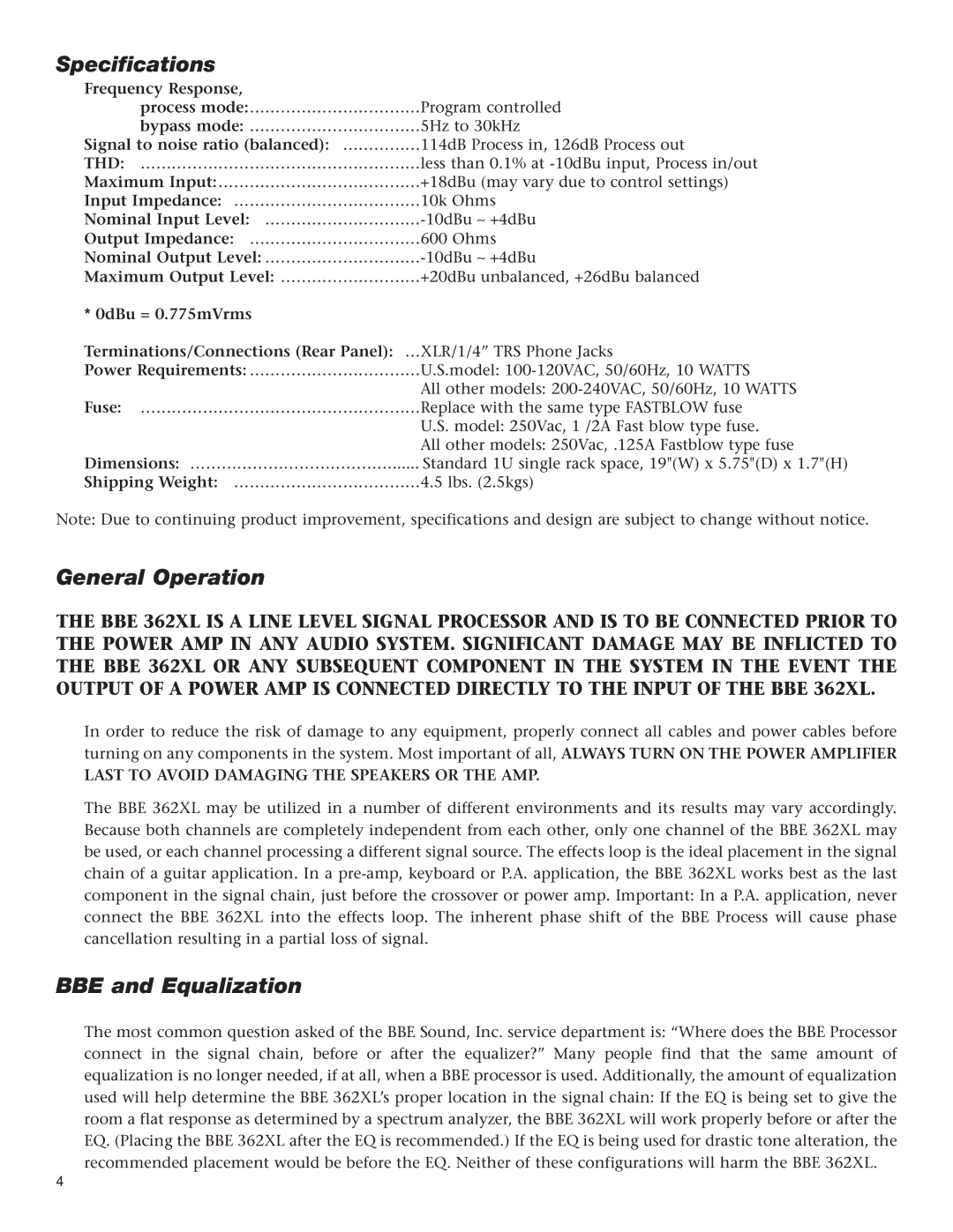 BBE 362XL manual Specifications, General Operation, BBE and Equalization 