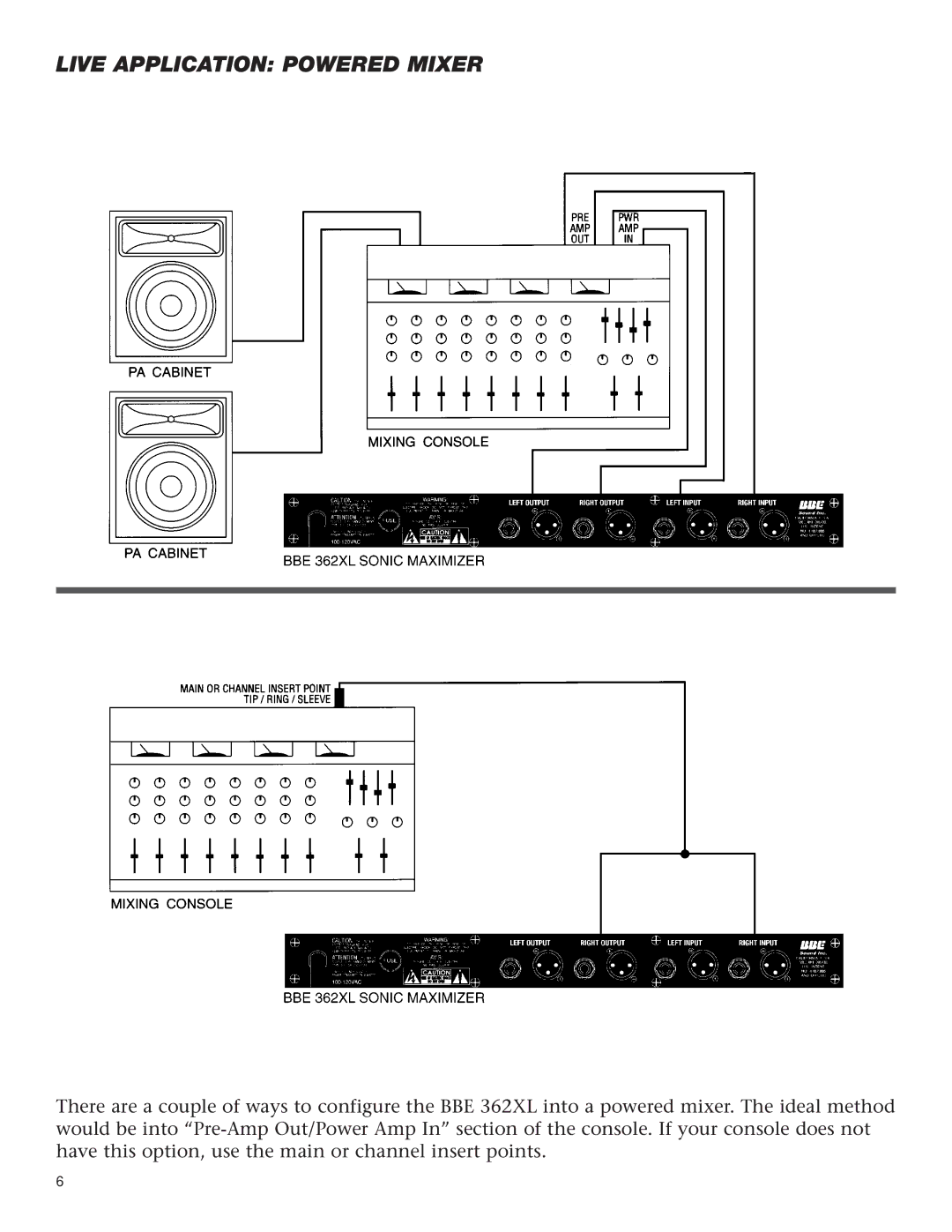 BBE 362XL manual Live Application Powered Mixer 