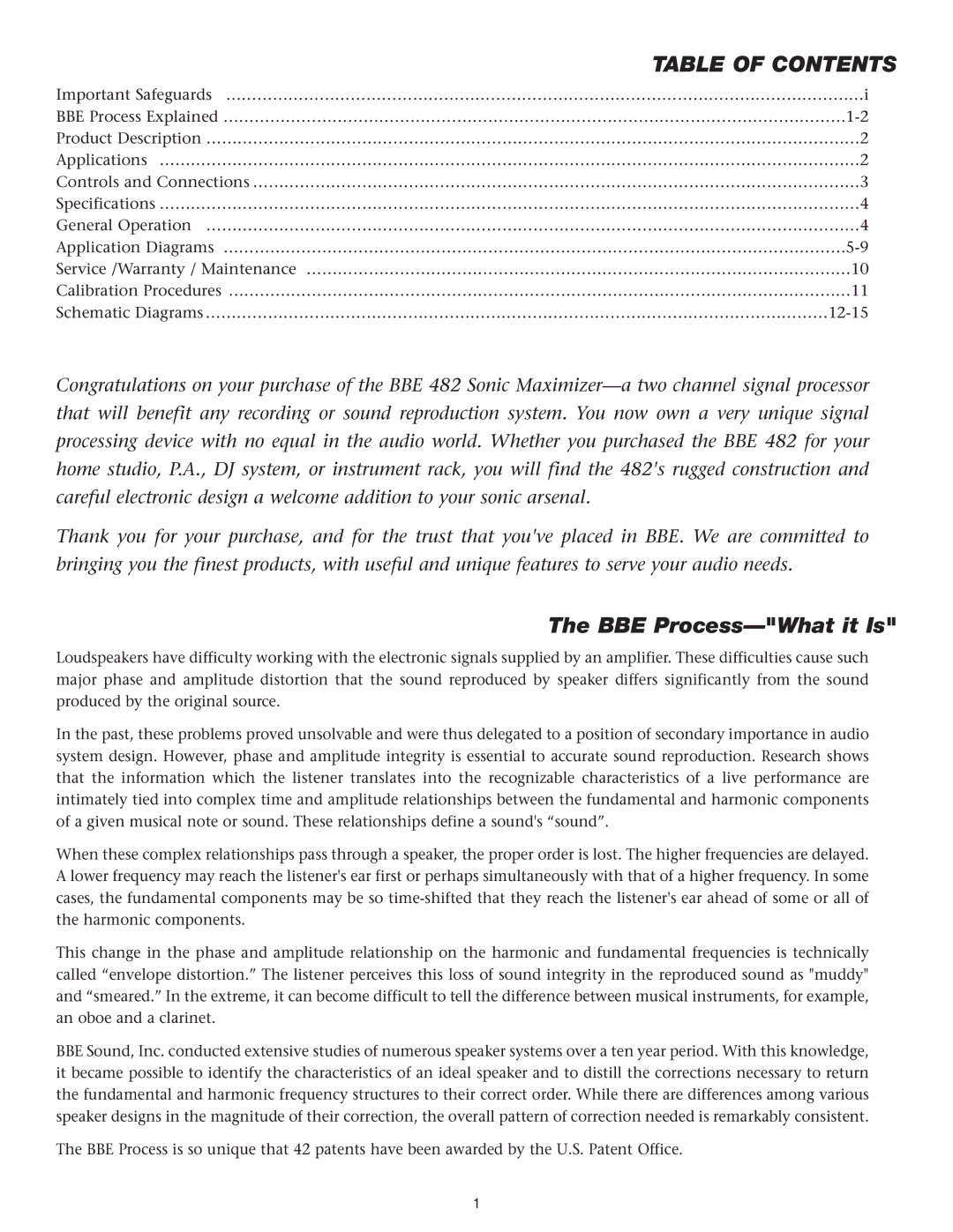 BBE 482 manual Table of Contents 