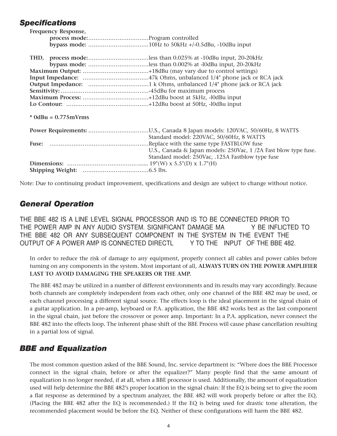 BBE 482 manual Specifications, General Operation, BBE and Equalization 