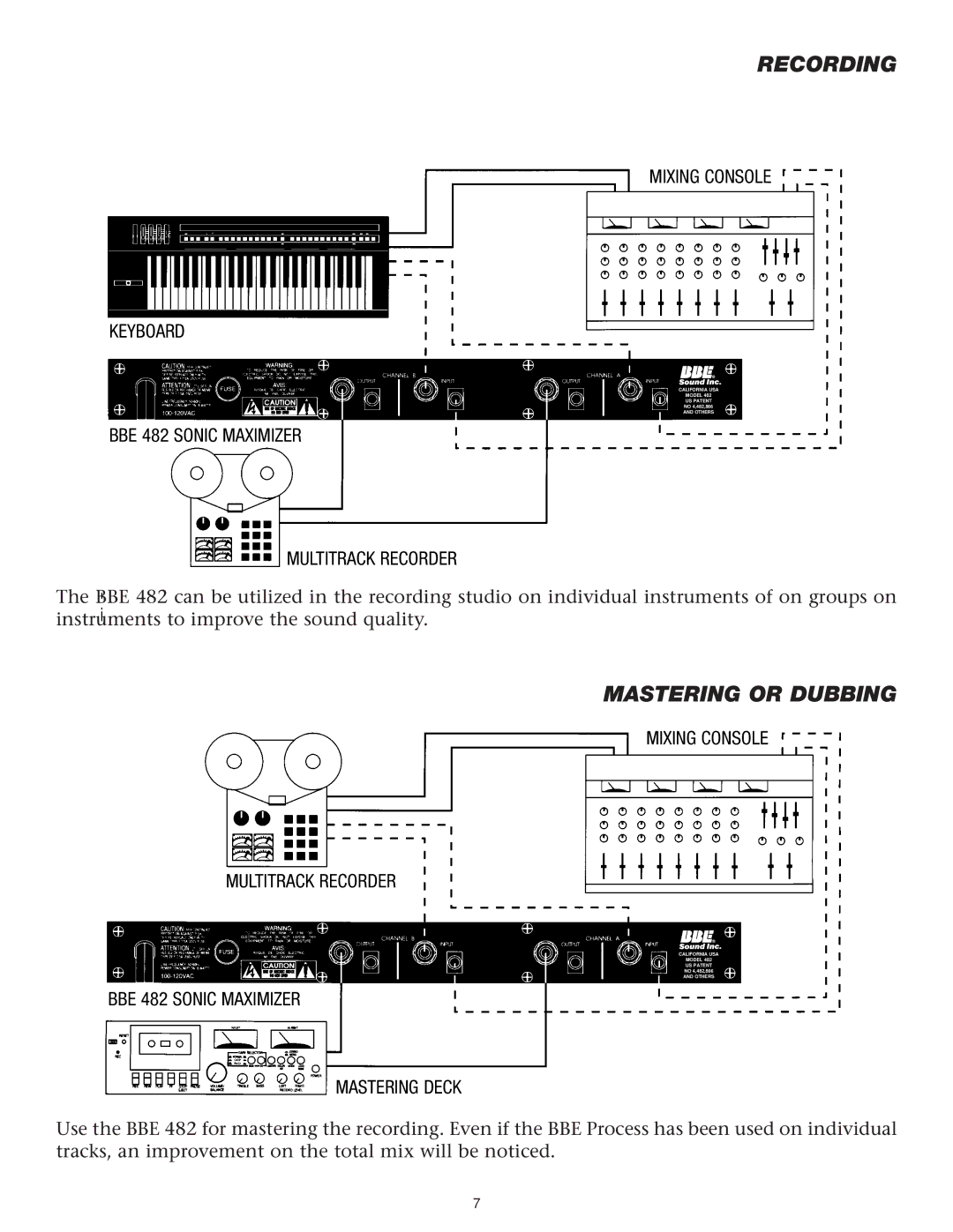 BBE 482 manual Recording, Mastering or Dubbing 