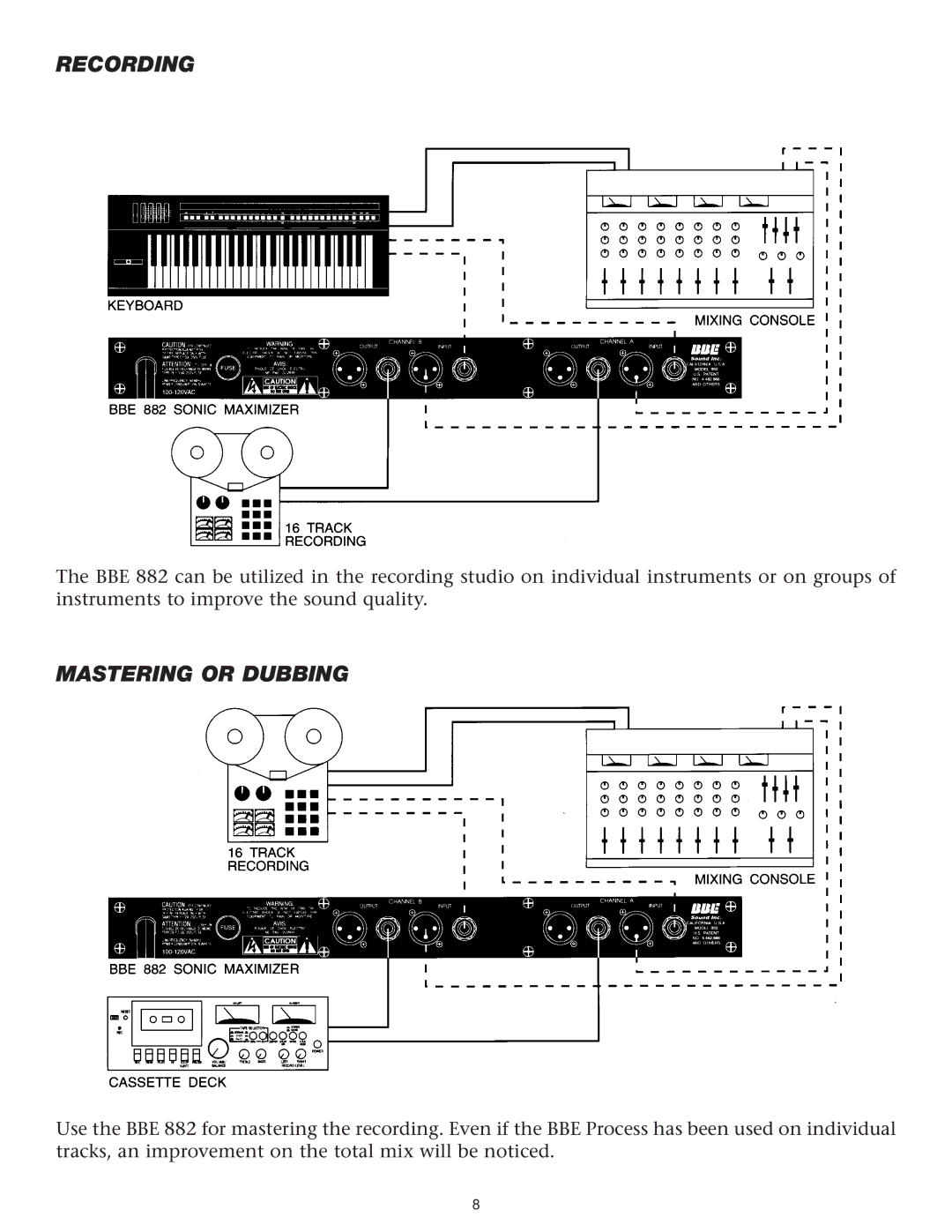 BBE BBE 882 manual Recording, Mastering or Dubbing 