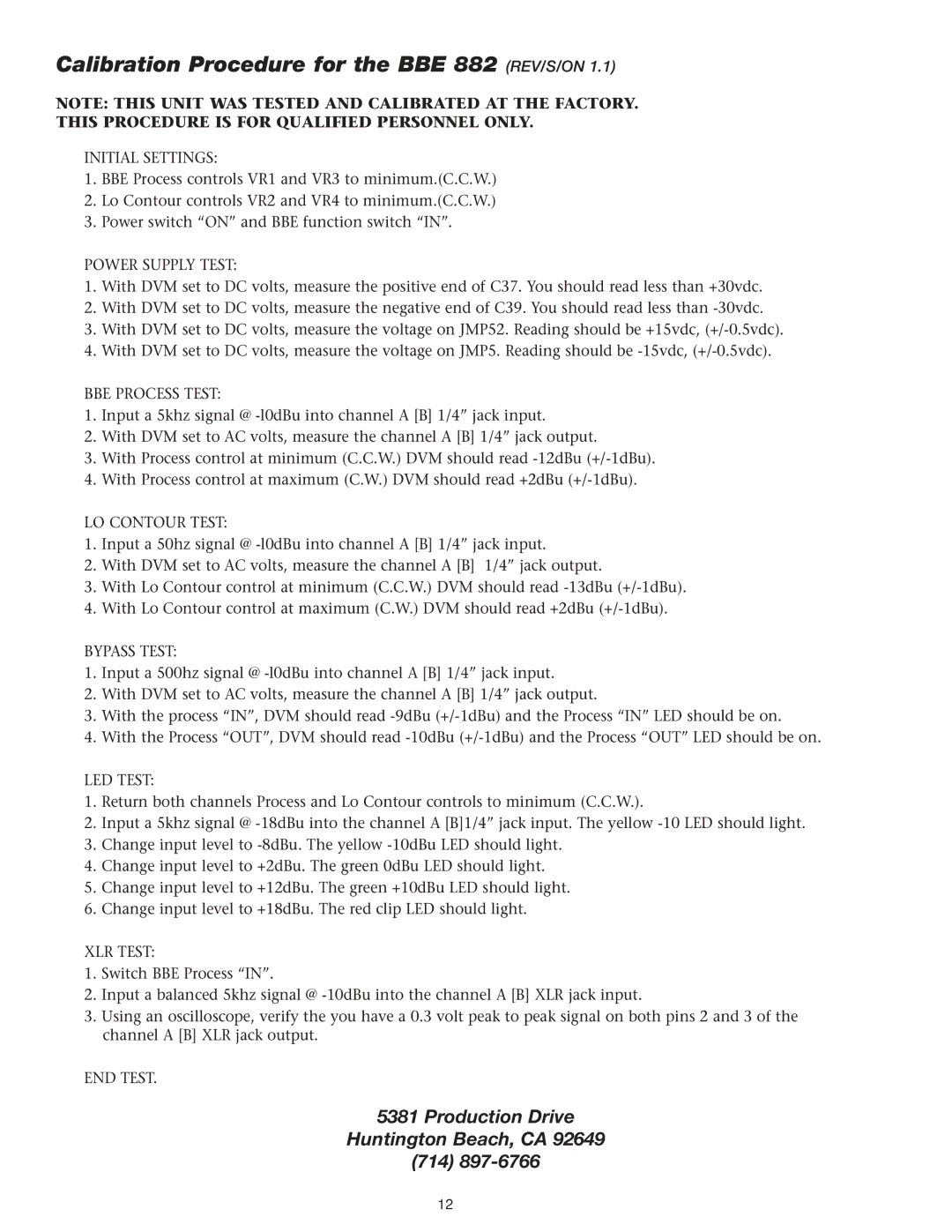 BBE manual Calibration Procedure for the BBE 882 REV/S/ON, Initial Settings 