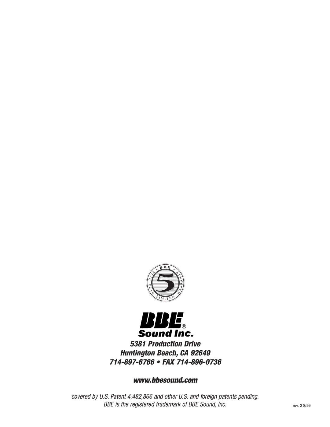 BBE BBE 882 manual Production Drive Huntington Beach, CA FAX 