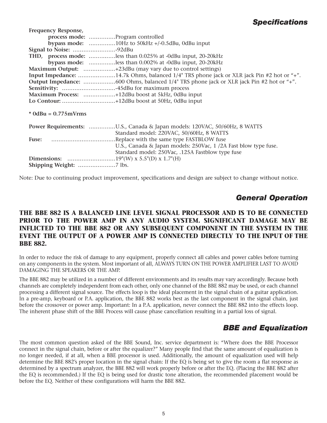 BBE BBE 882 manual Specifications, General Operation, BBE and Equalization 