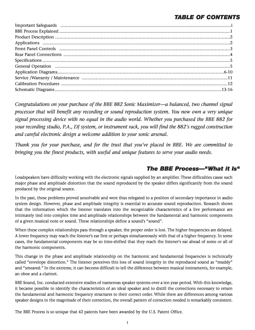 BBE BBE 882 manual Table Of Contents, The BBE Process-Whatit Is 