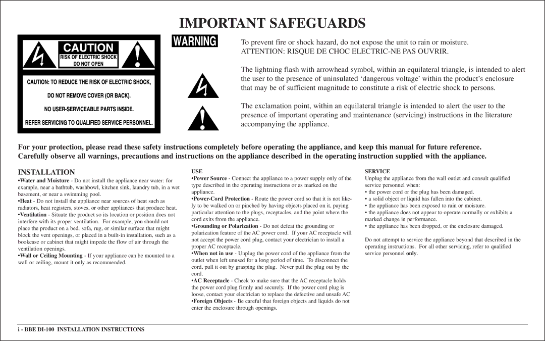 BBE BBE DI-100 user manual Important Safeguards 