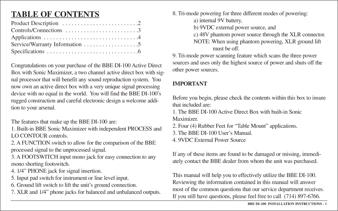 BBE BBE DI-100 user manual Table of Contents 