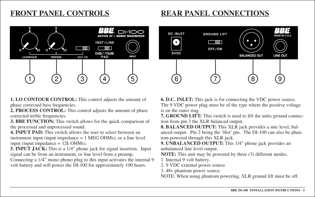 BBE BBE DI-100 user manual Front Panel Controls Rear Panel Connections 