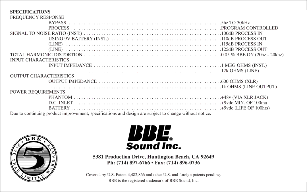 BBE BBE DI-100 user manual Specifications, Battery 