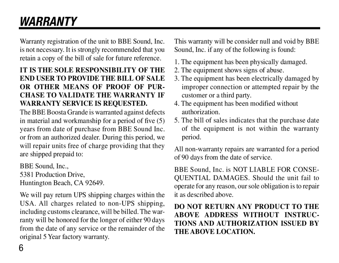 BBE Boosta Grande user manual Warranty 