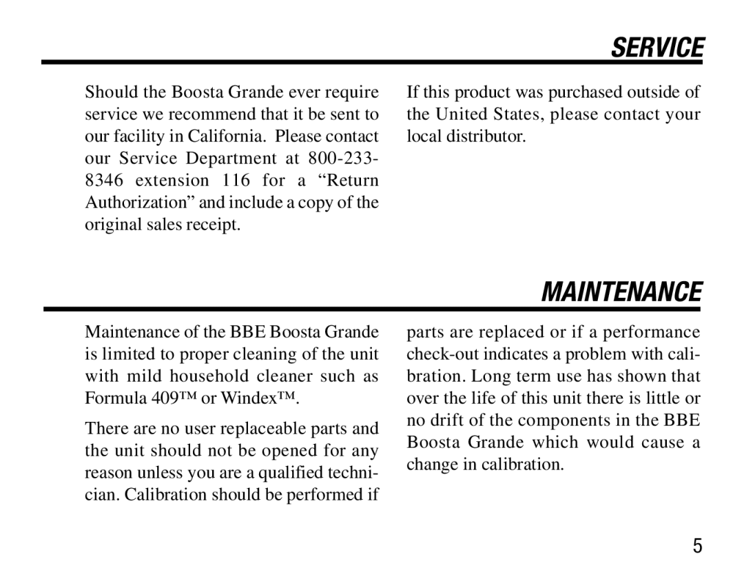 BBE Boosta Grande user manual Service, Maintenance 