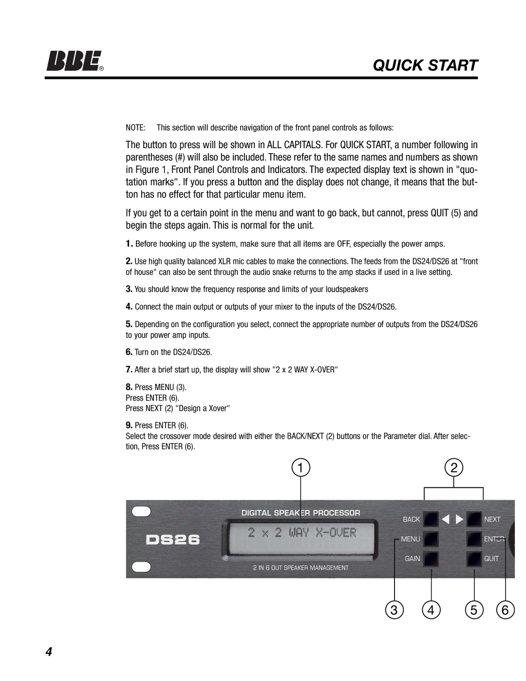 BBE DS26, DS24 manual Quick Start 