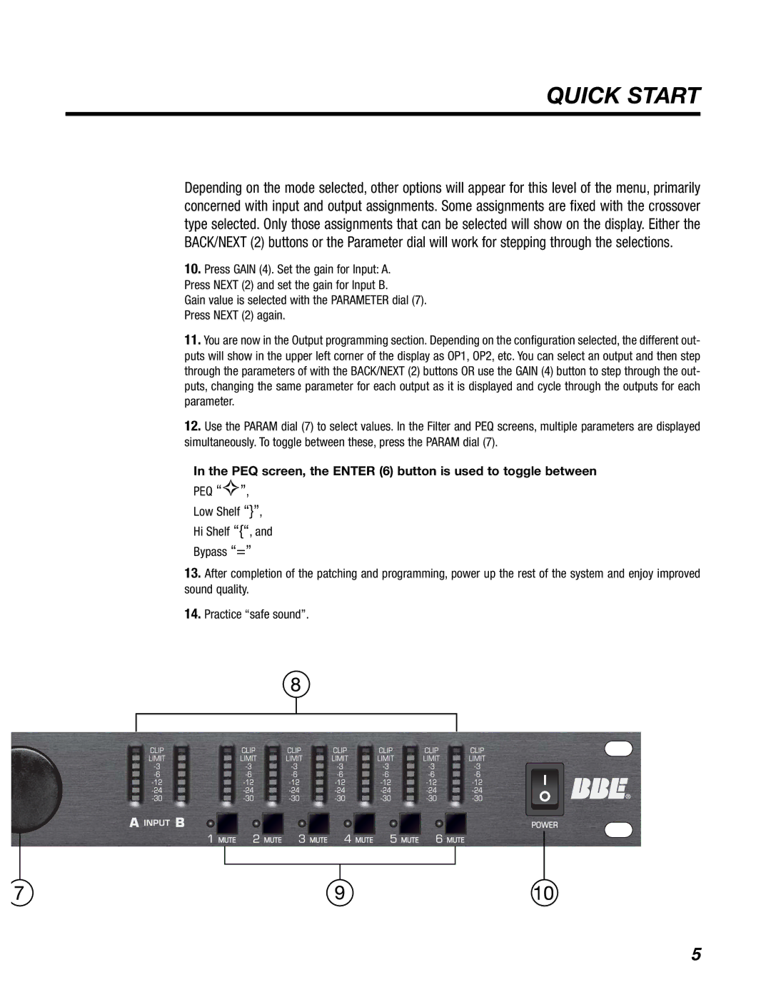 BBE DS24, DS26 manual Quick Start, PEQ screen, the Enter 6 button is used to toggle between 