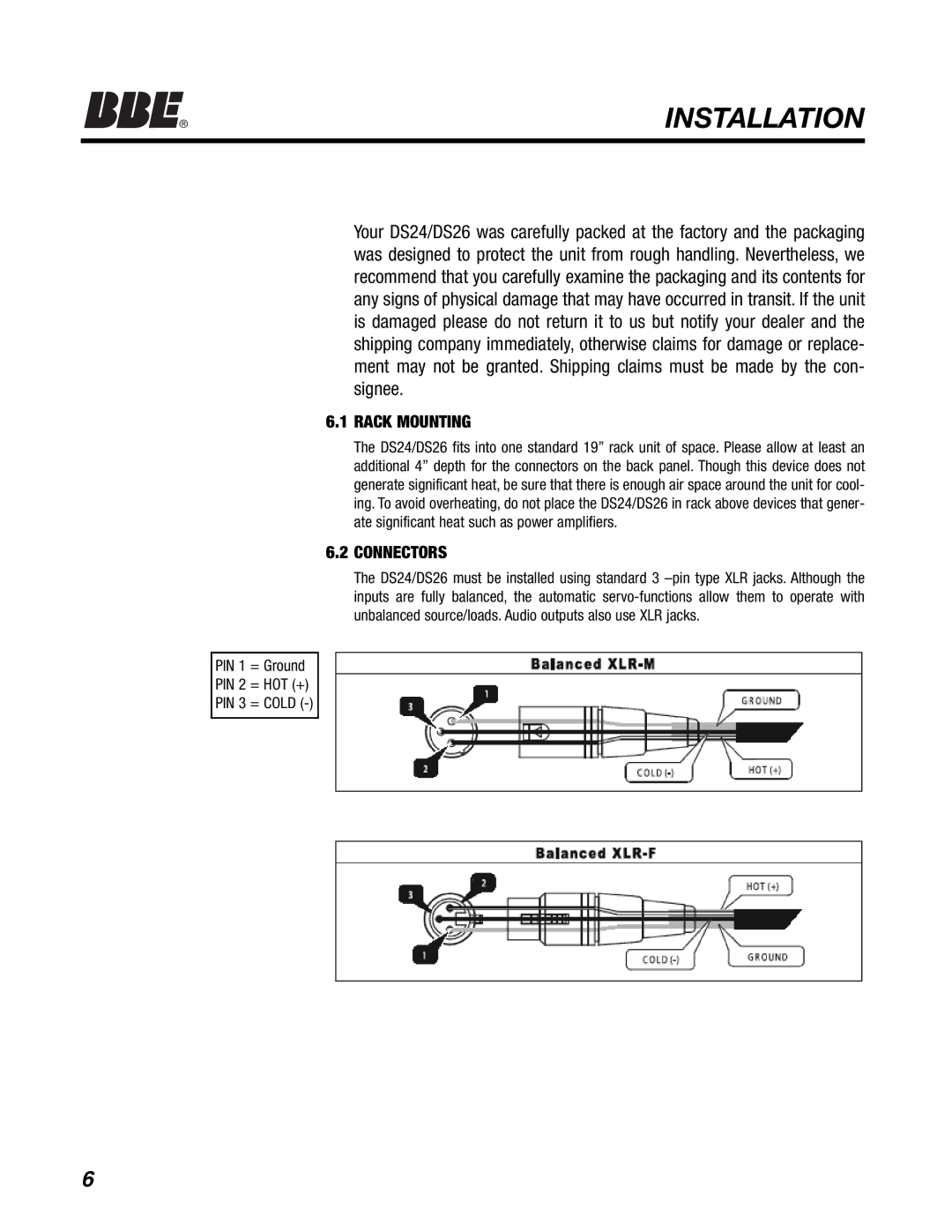 BBE DS26, DS24 manual Rack Mounting, Connectors 