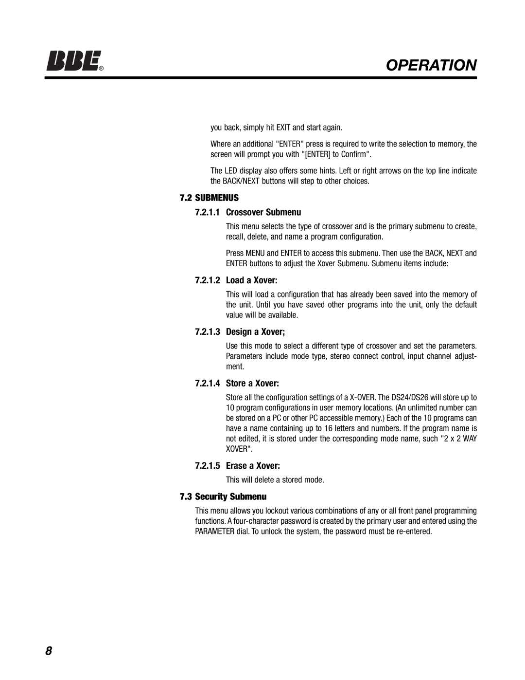 BBE DS26, DS24 manual Operation, Submenus 