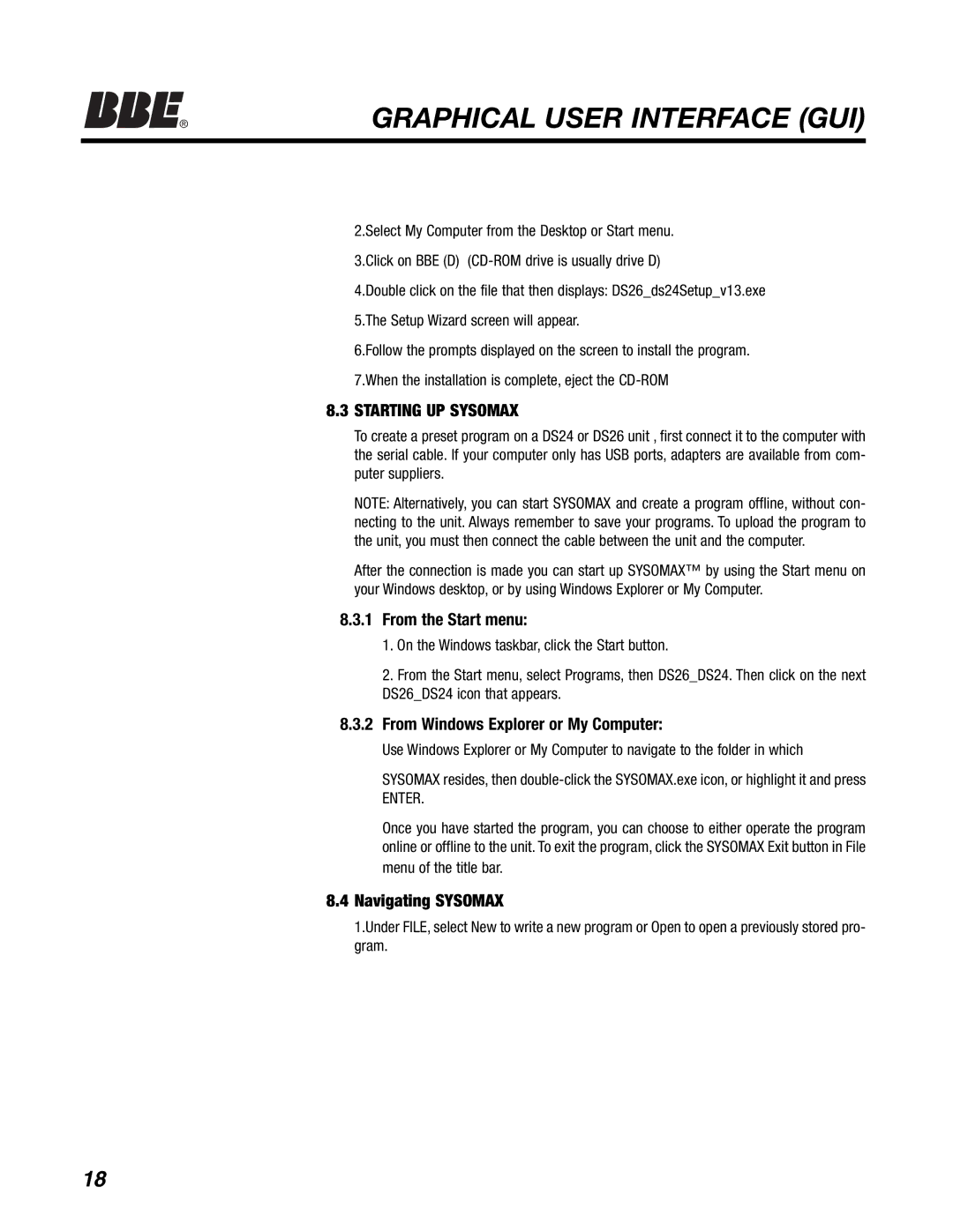 BBE DS26 Graphical User Interface GUI, Starting UP Sysomax, From the Start menu, From Windows Explorer or My Computer 