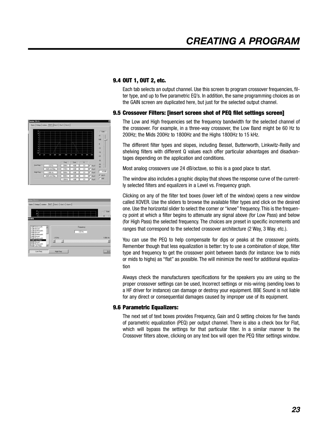 BBE DS24, DS26 manual Creating a Program, OUT 1, OUT 2, etc, Parametric Equalizers 