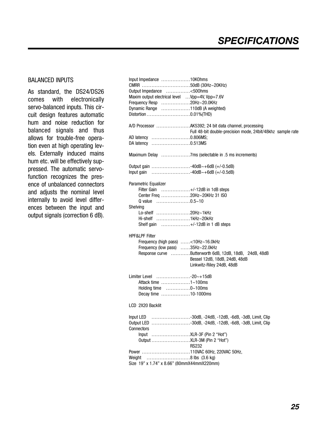 BBE DS24, DS26 manual Specifications, Balanced Inputs 