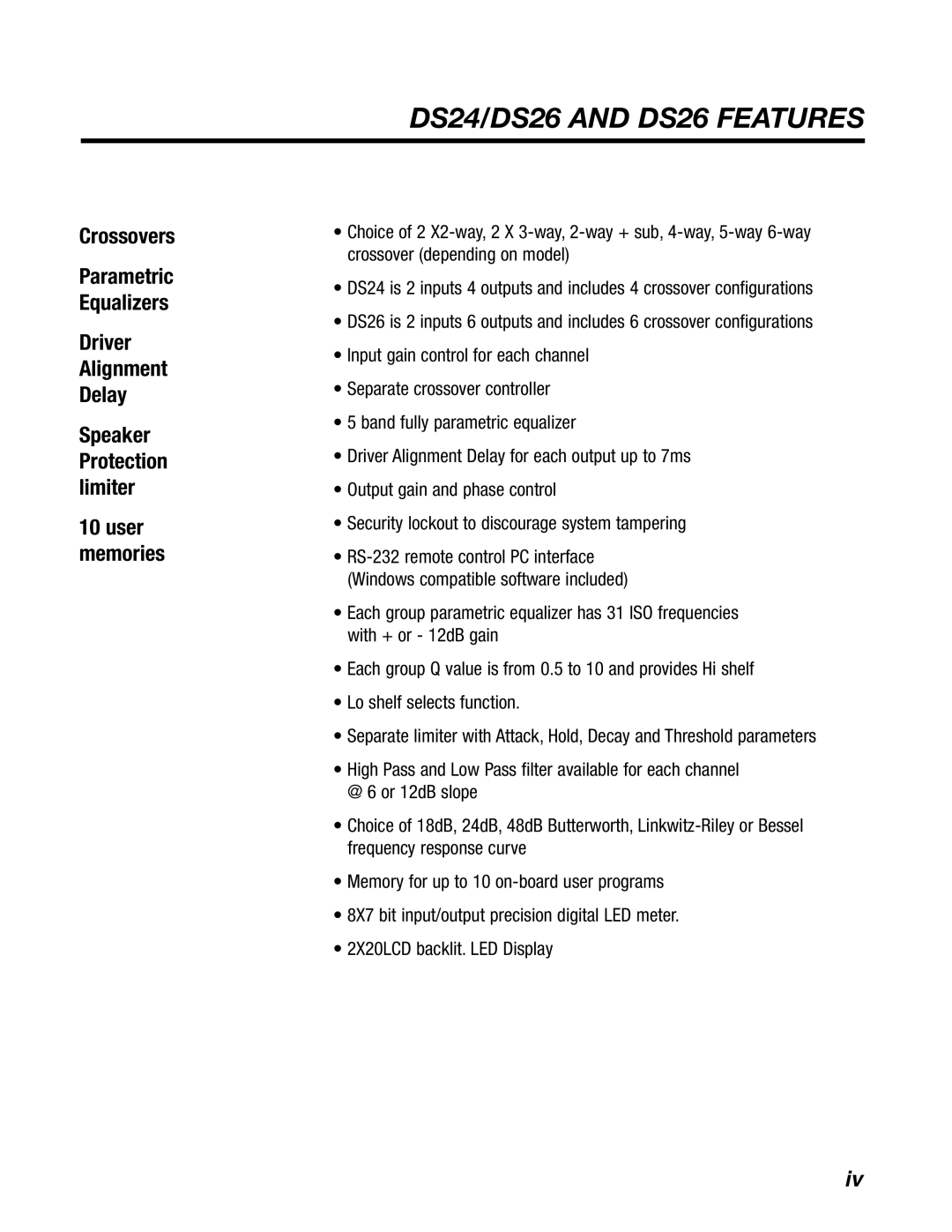 BBE manual DS24/DS26 and DS26 Features, Driver Alignment Delay 