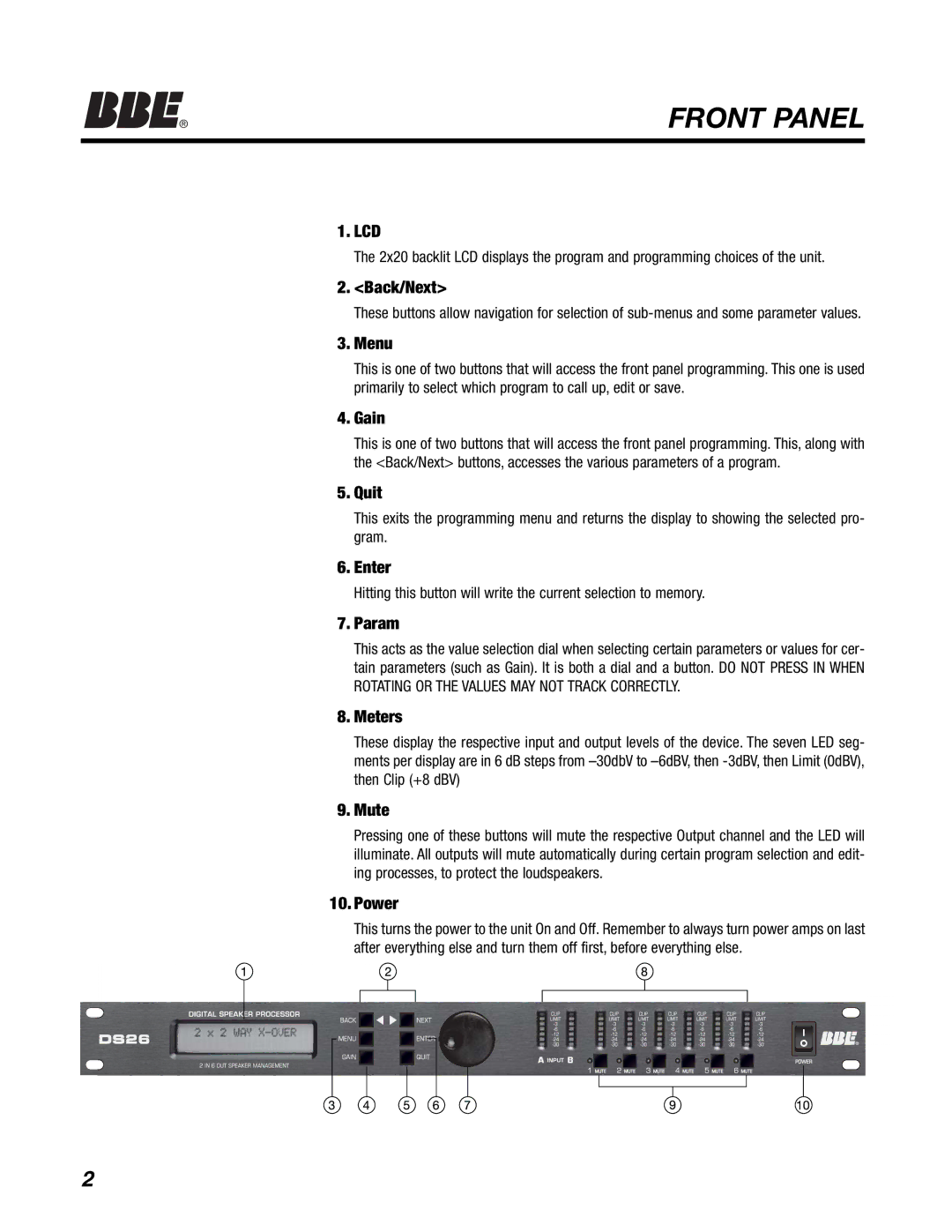 BBE DS26, DS24 manual Lcd, Back/Next, Menu, Gain, Quit, Enter, Param, Meters, Mute, Power 