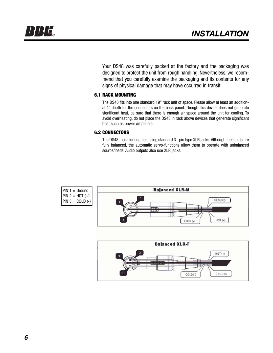 BBE DS48 manual Rack Mounting, Connectors 