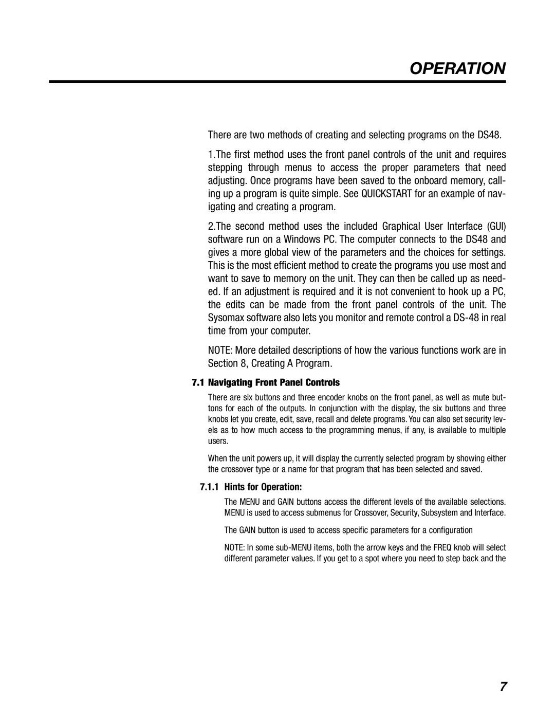 BBE DS48 manual Navigating Front Panel Controls, Hints for Operation 